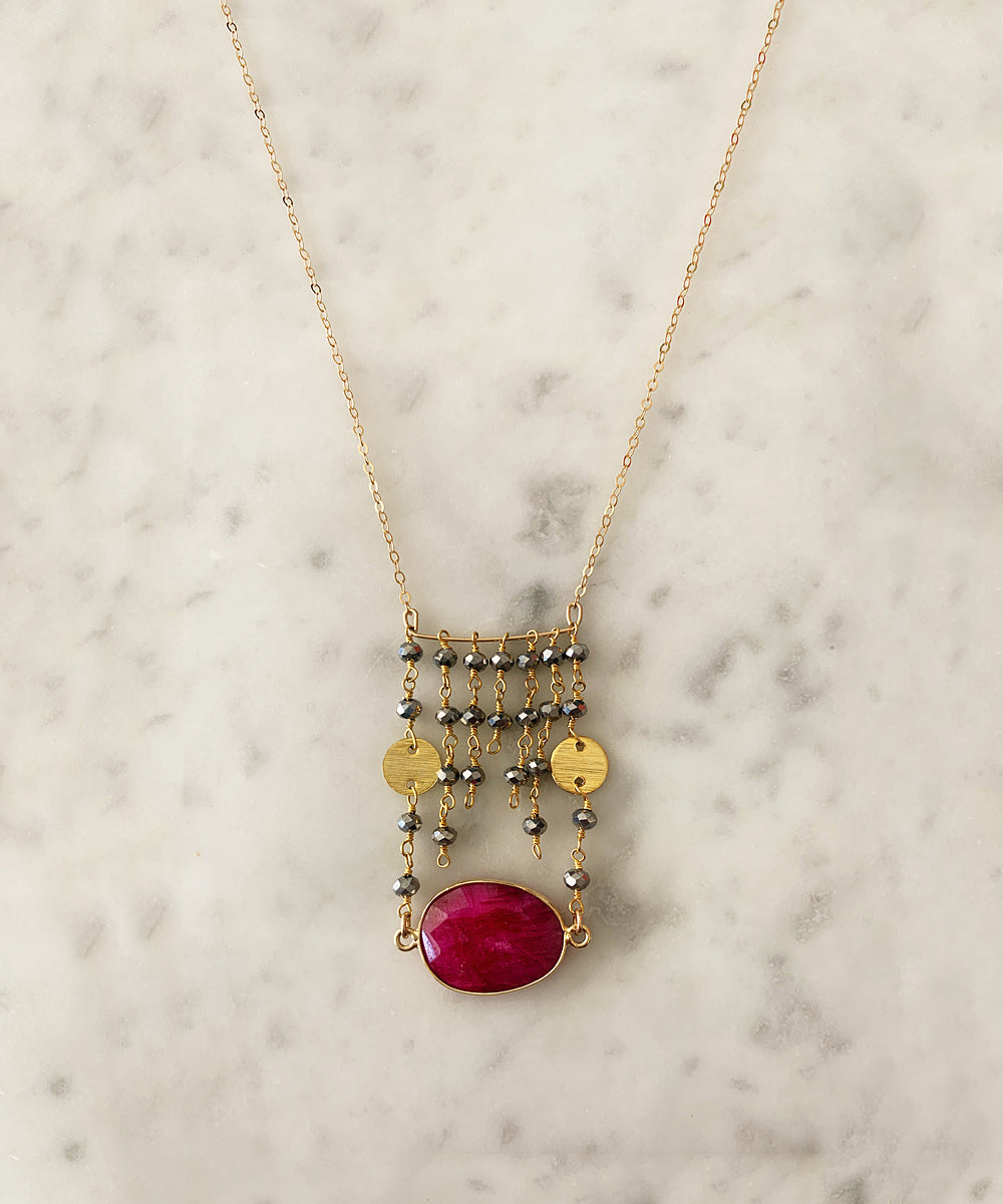 Jessica Gold Coin Necklace in Ruby and Pyrite