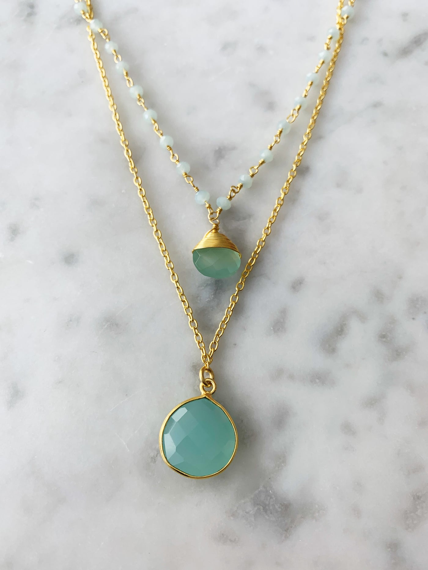 Double Jill Necklace with Gold Chalcedony Chain and Chalcedony Pendant
