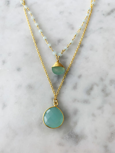 Double Jill Necklace with Gold Chalcedony Chain and Chalcedony Pendant