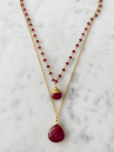 Double Jill Necklace with Gold Ruby Chain and Ruby Pendant