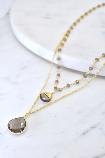 Double Jill Necklace with Gold Smoky Quartz Chain and Smoky Quartz Pendant