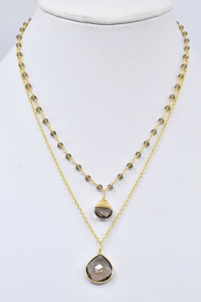 Double Jill Necklace with Gold Smoky Quartz Chain and Smoky Quartz Pendant