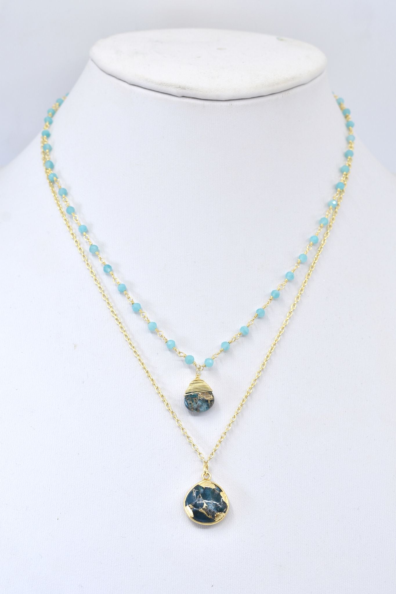 Double Jill Necklace with Gold Amazonite Chain and Teal Mojave Copper Turquoise Pendant