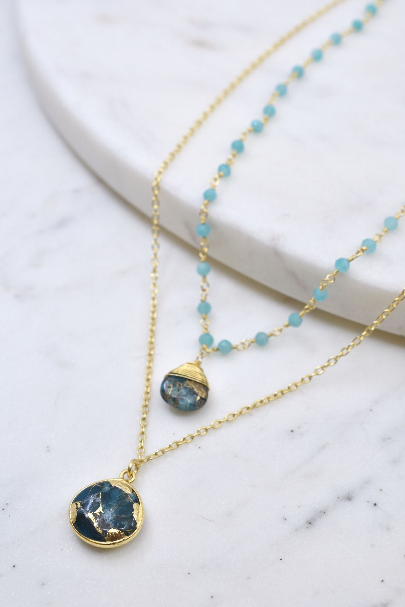 Double Jill Necklace with Gold Amazonite Chain and Teal Mojave Copper Turquoise Pendant