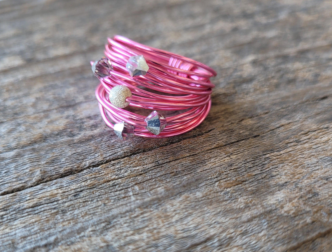 Marcia Hot Pink Wire Wrap Ring with Grey Swarovski Crystals