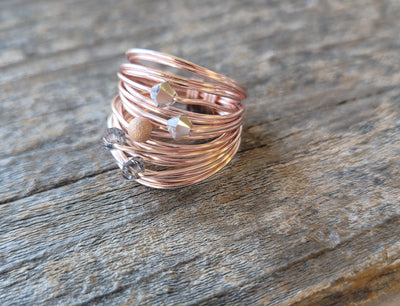 Marcia Rose Gold Wire Wrap Ring with Grey Swarovski Crystals