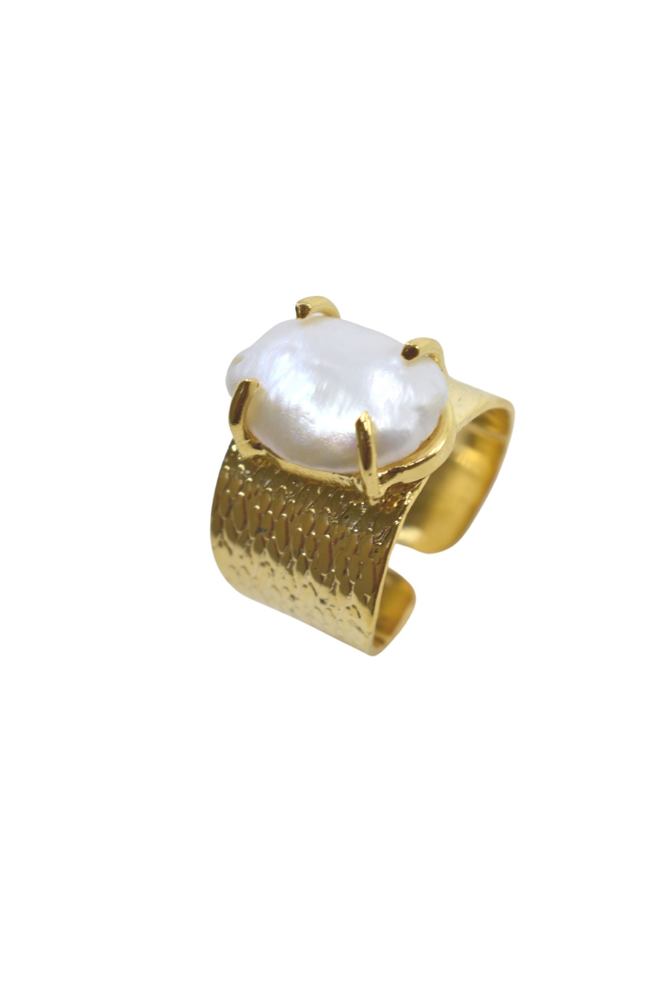 Large Pearl with Wide Textured Band Ring