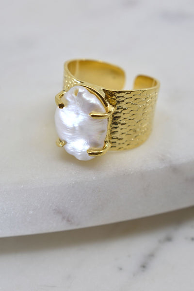 Large Pearl with Wide Textured Band Ring