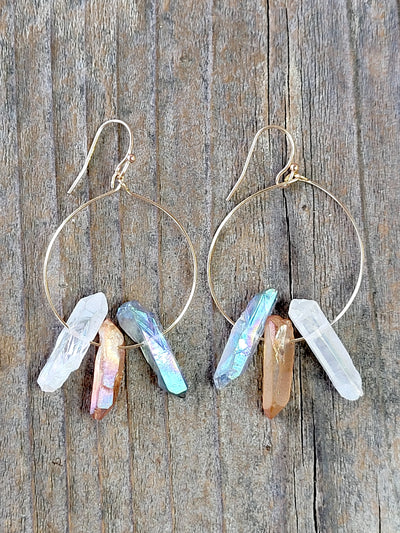 Gold Hoop Dangle Earring with Three Raw Quartz Crystals in Mystic Grey, Rainbow and Peach Quartz