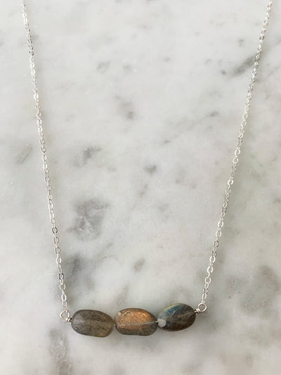 Sterling Silver 3 Oval Stone Labradorite Bar Necklace