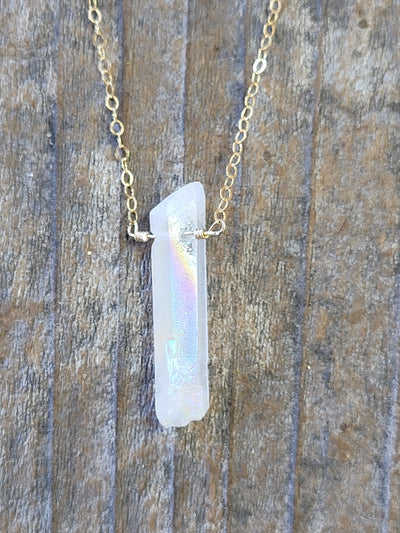 Single Raw Rainbow Quartz Crystal Pendant Necklace in Gold