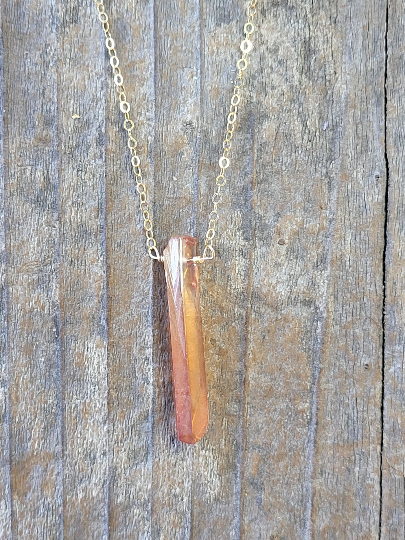 Single Raw Peach Quartz Crystal Pendant Necklace in Gold