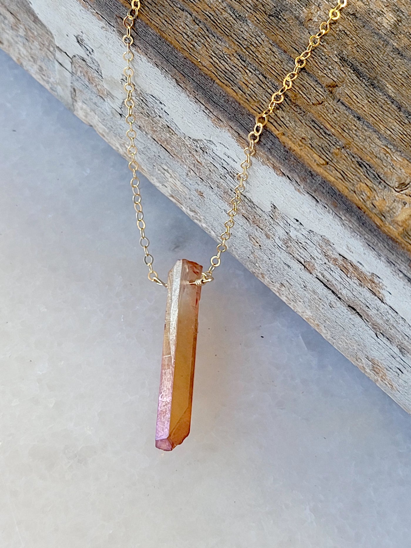 Single Raw Peach Quartz Crystal Pendant Necklace in Gold