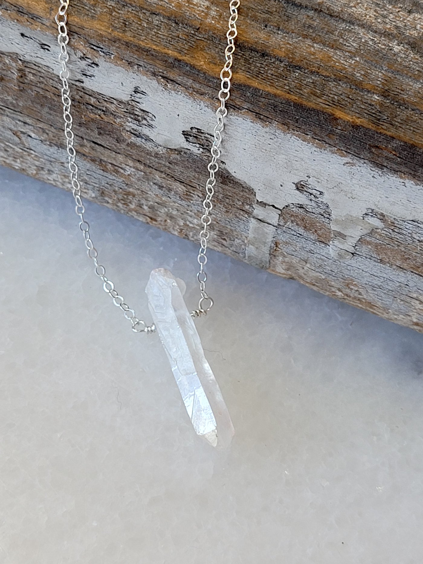 Single Raw Rainbow Quartz Crystal Pendant Necklace in Silver