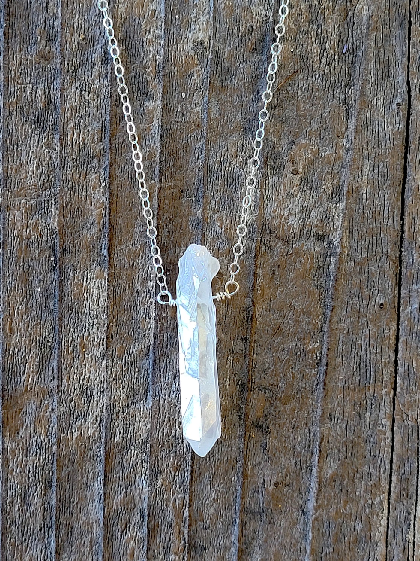 Single Raw Rainbow Quartz Crystal Pendant Necklace in Silver