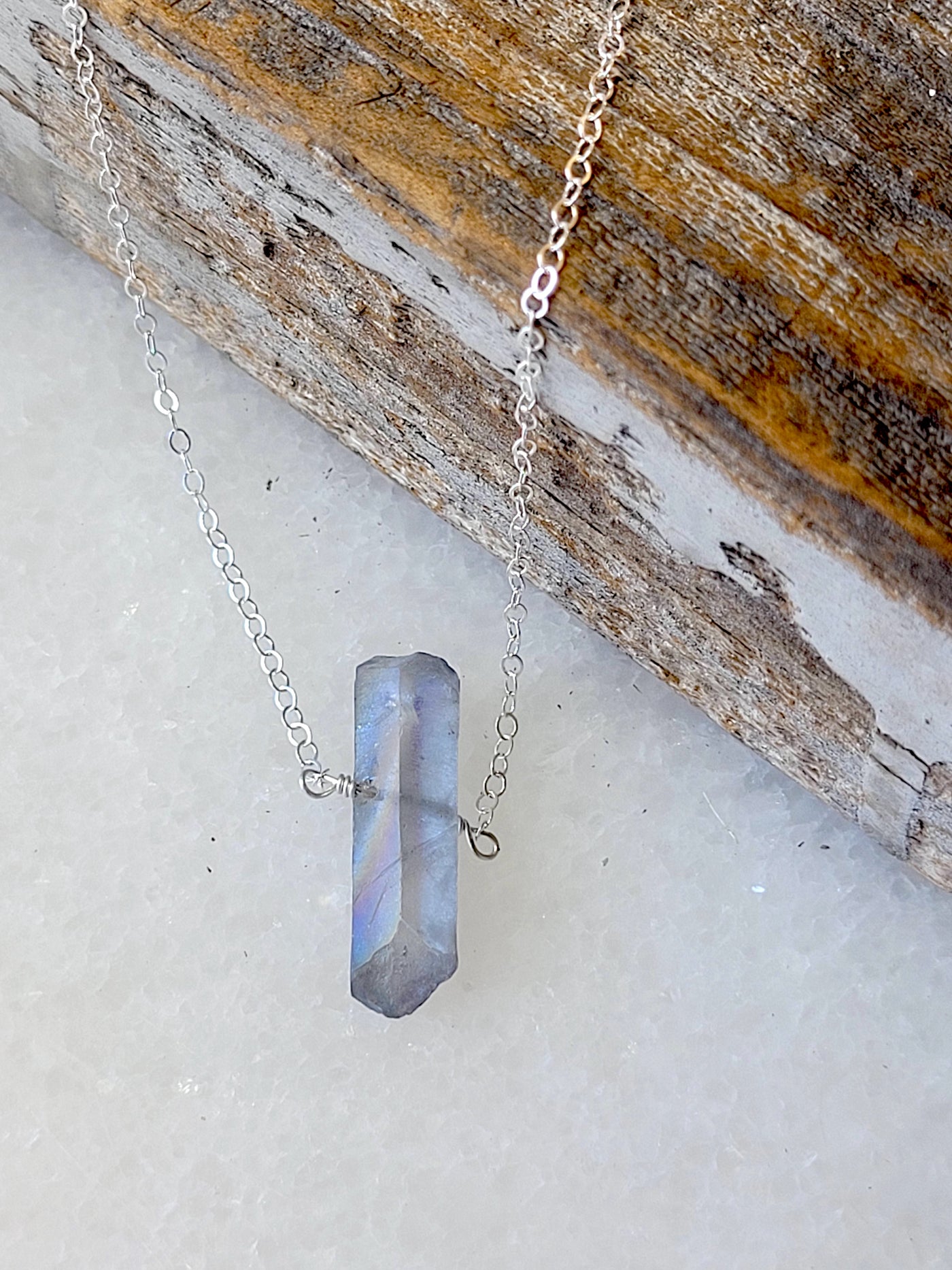 Single Raw Mystic Grey Quartz Crystal Pendant Necklace in Silver