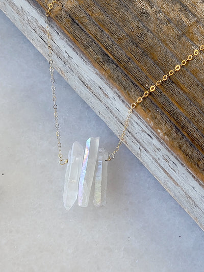 Three Raw Rainbow Quartz Crystal Pendant Necklace in Gold