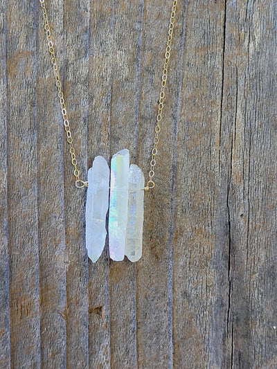 Three Raw Rainbow Quartz Crystal Pendant Necklace in Gold