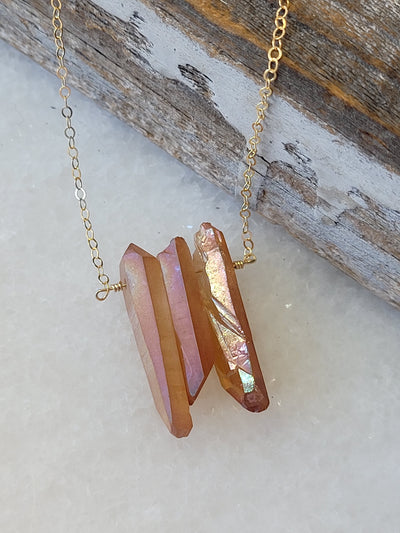 Three Raw Peach Quartz Crystal Pendant Necklace in Gold