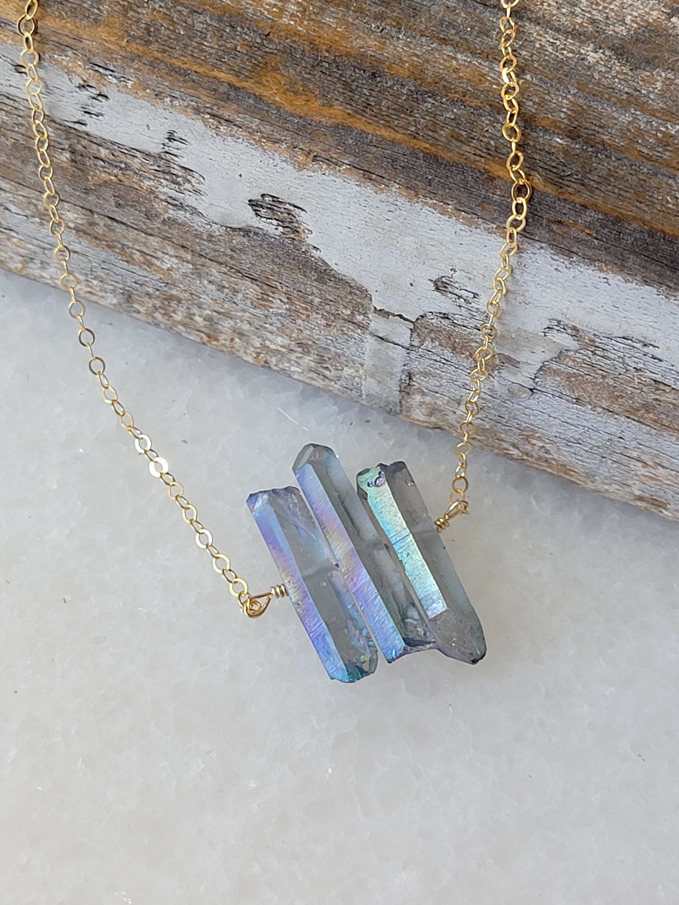Three Raw Mystic Grey Quartz Crystal Pendant Necklace in Gold