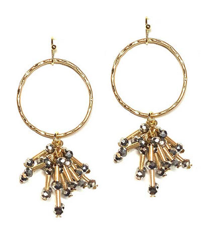 Gold Hoop Dangle Earring with Grey Crystal Bead Drops