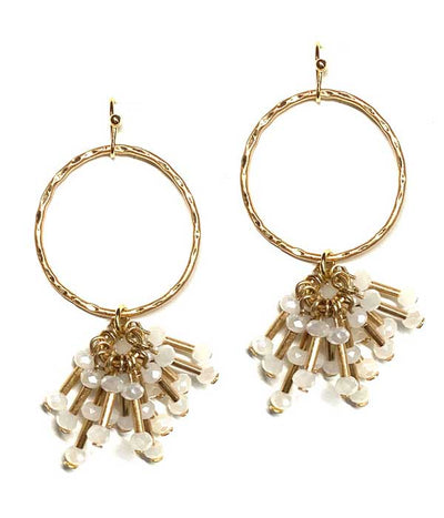 Gold Hoop Dangle Earring with White Crystal Bead Drops