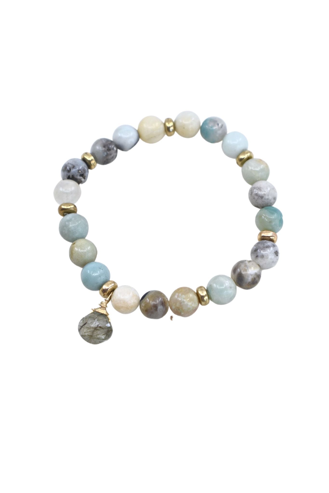 Amazonite Stretch Bracelet with Hand-Wrapped Green Rutilated Quartz in Gold