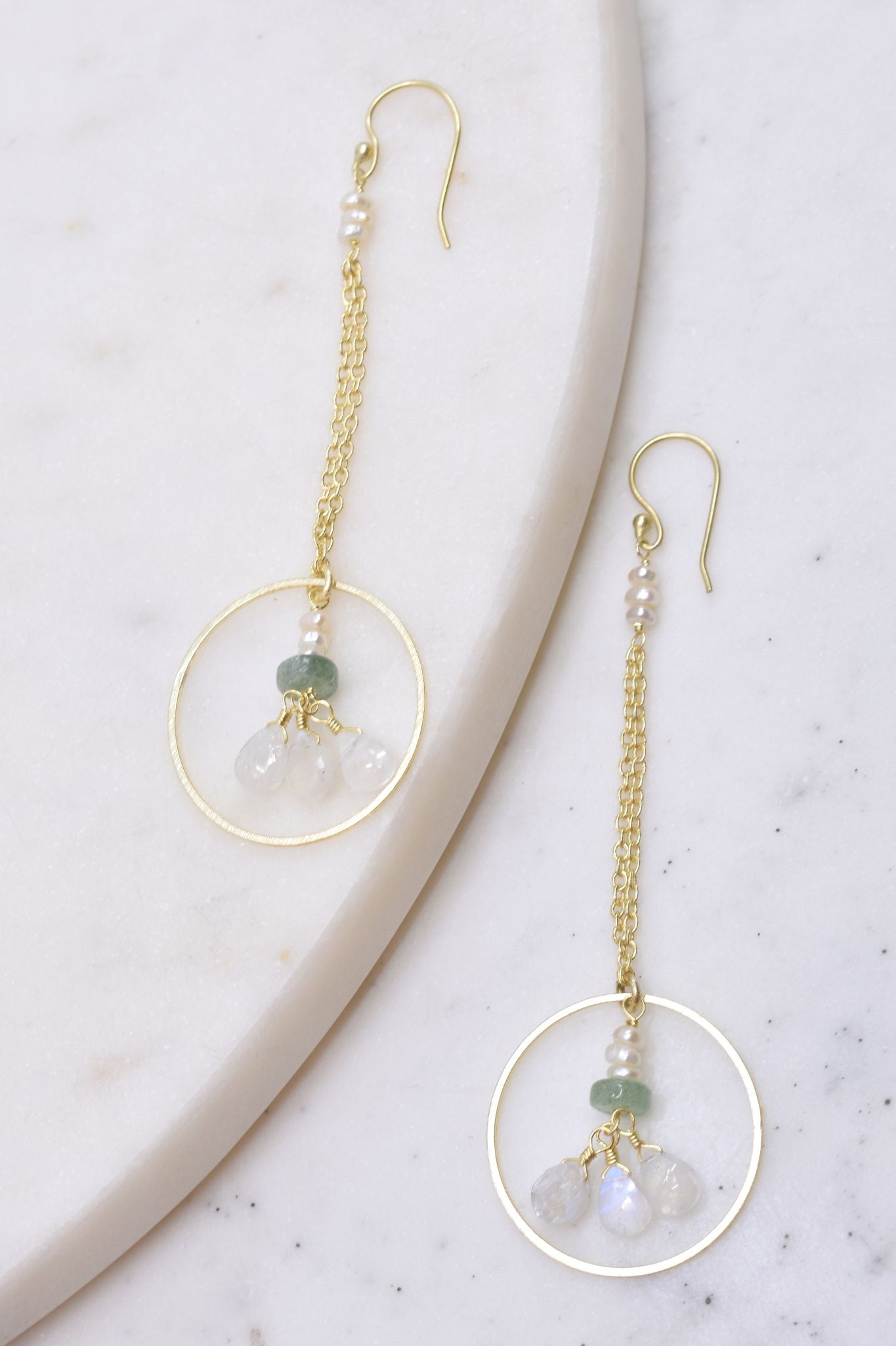 Pearl Accented Gold Chain Dangle Earrings with Green Strawberry Quartz and Moonstone Hoop Drop