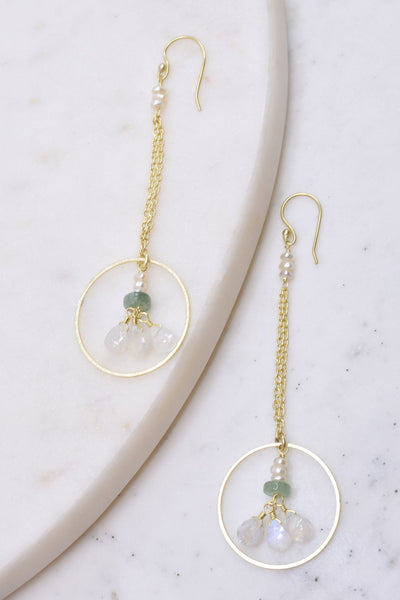 Pearl Accented Gold Chain Dangle Earrings with Green Strawberry Quartz and Moonstone Hoop Drop