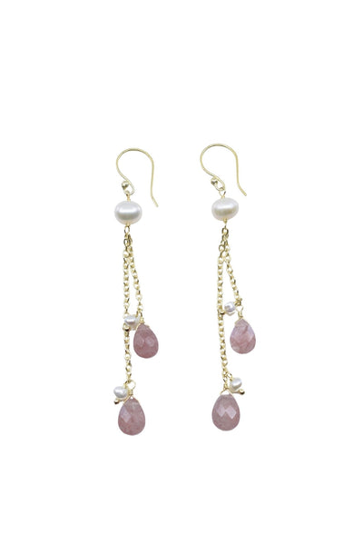 Gold Dangle Earrings with Gold Chain Strands with Cherry Quartz and Pearl Drops