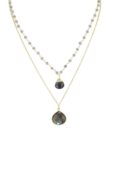 Double Jill Necklace with Gold Labradorite Chain and Labradorite Pendant