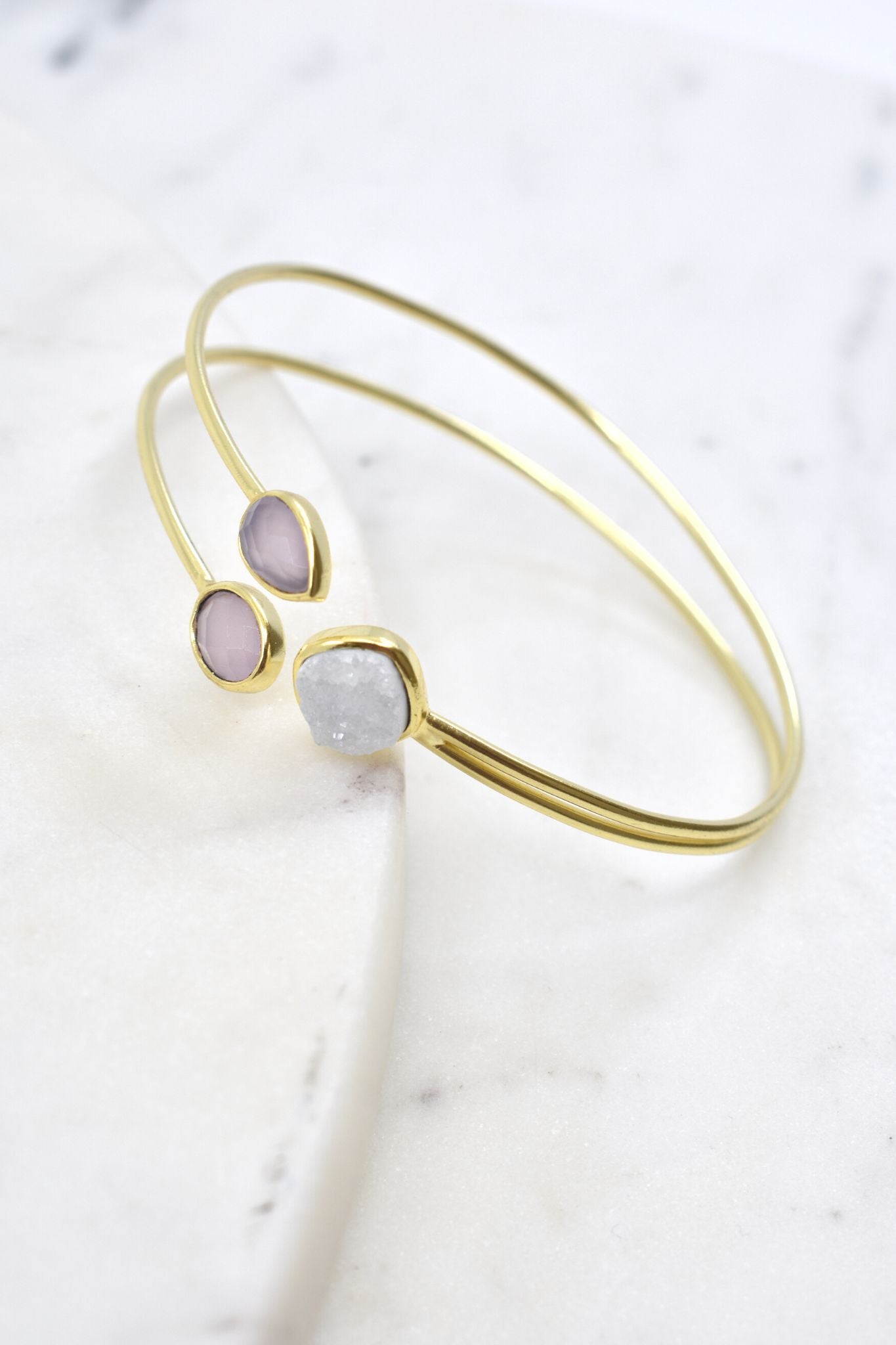 Pink Chalcedony and White Druzy Double Band Bracelet